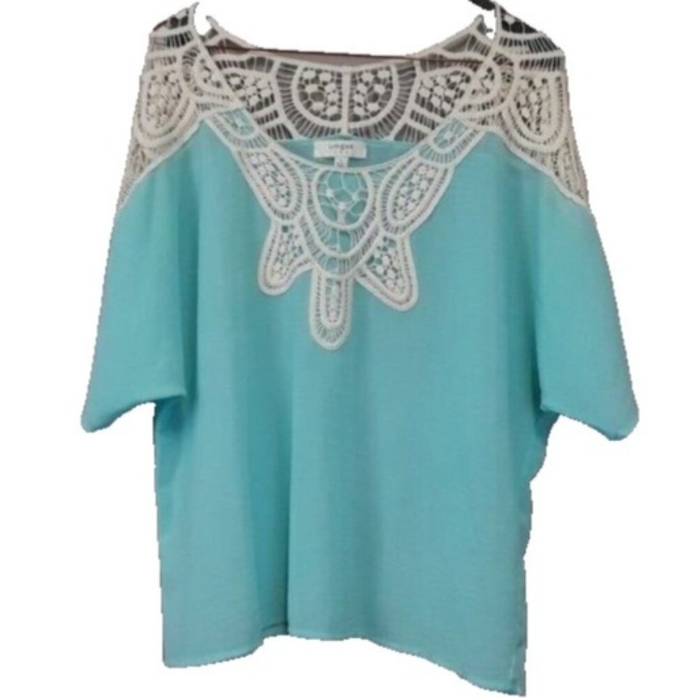 Umgee Womens Blouse Top Small Blue Lace Yoke Short Sleeve BOHO‎ Fairy